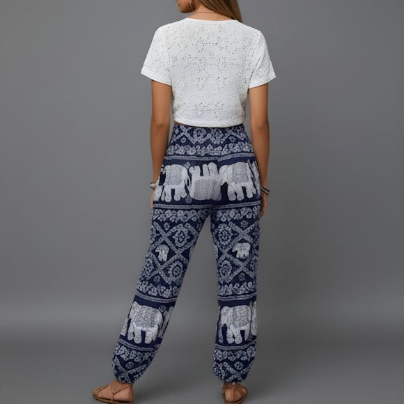 Boho Elephant Print Carrot Pants Blue - Picture 3 of 5